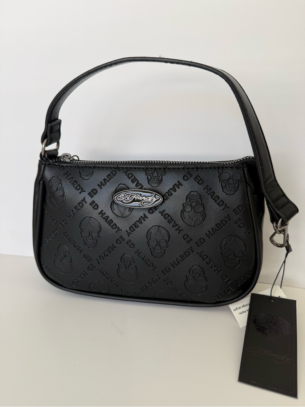 Ed Hardy Black Embossed Skull Logo Shoulder Bag